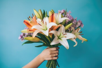 close up of delicate hands presenting a bouquet of lilies against a serene blue background, exuding a sense of tranquility and beauty