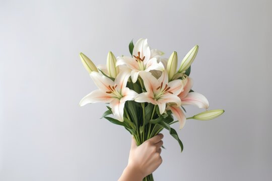 close up showcasing a hand gracefully holding a lush bouquet of lilies, symbolizing purity and warmth, soft grey background