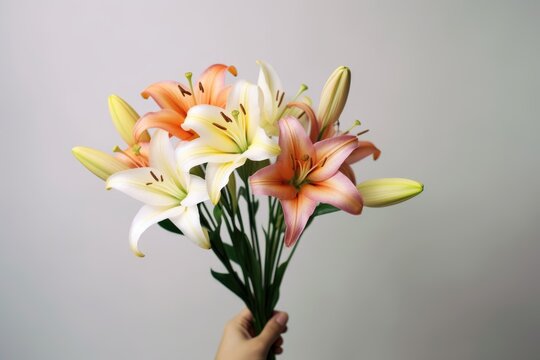close up showcasing a hand gracefully holding a lush bouquet of lilies, symbolizing purity and warmth, soft grey background