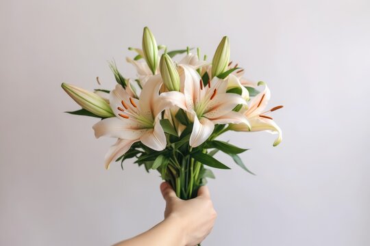 close up showcasing a hand gracefully holding a lush bouquet of lilies, symbolizing purity and warmth, soft grey background