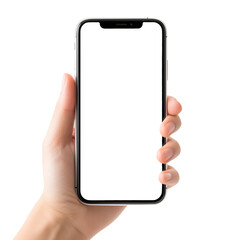 A close up of a hand holding a modern smart phone, smart phone screen is blank. Mockup blank template illustration. Isolated PNG. Generative AI.