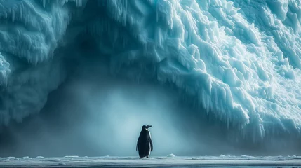 Poster penguin contemplates the icy world around it, surrounded by the towering blue glaciers of its frigid habitat © weerasak
