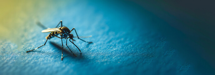 Mosquito on a tranquil blue background, captured in macro. - obrazy, fototapety, plakaty