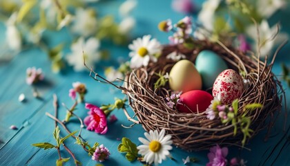 Fototapeta na wymiar Nest with colorful Easter eggs.