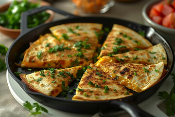 Cheese quesadillas in a cast iron pan with tomato salsa