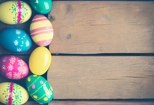 Easter Eggs on Wooden Background Top View