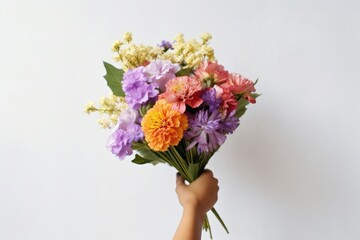 closeup of a kid's hand tenderly holding a colorful bouquet, as a loving gesture for a celebration like Mother's Day, white studio background