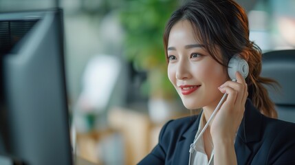 woman call center operator with headset using computer, support call-center, assist call center, telemarketing call center, receptionist call center, operator call center,