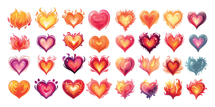 Cartoon hearts, hand drawn style, big collection. Set of scribble flat heart symbols isolated on white background. Splendid love icons, game ui assets. Vector illustration pack