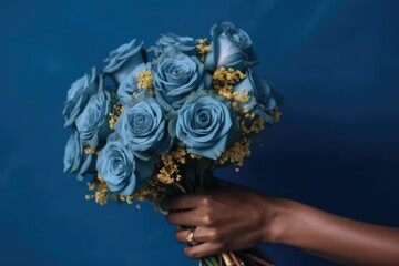 Close up of an Afroamerican woman's hand gently holds a unique bouquet of blue roses, symbolizing mystery and the enchantment of the unknown
