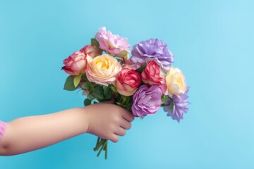 small child's hand extends a colorful bouquet of roses and carnations, a heartfelt gesture against a serene blue background, mother's day present