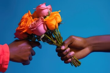 Two hands, man and woman, exchanging a bouquet of vibrant roses against a bright blue backdrop
