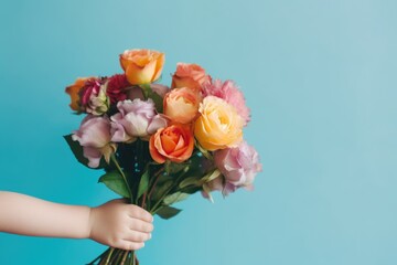 small child's hand extends a colorful bouquet of roses and carnations, a heartfelt gesture against a serene blue background, mother's day present