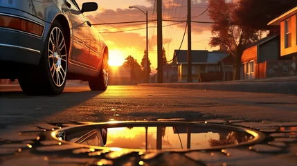 Foto op Plexiglas classic car parked on a street at sunset with reflections on wet pavement © Ruslan