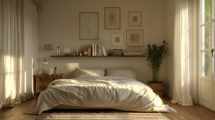 A tranquil bedroom with neutral tones, featuring a single decorative wall shelf. 