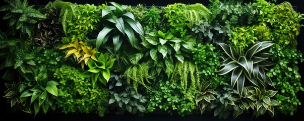 Green living wall with perennial plants in modern office. Urban gardening landscaping interior design. Fresh green vertical plant wall inside office