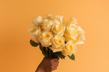 Closeup view of an African American woman's hand presenting a vibrant bouquet of roses, warm tones of the flowers against the orange backdrop