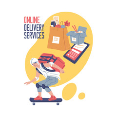 Courier on a skateboard carry a delivery box backpack, Online fresh food delivery service vector advertising poster