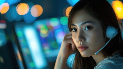 woman call center operator with headset using computer, support call-center, assist call center, telemarketing call center, receptionist call center, operator call center,