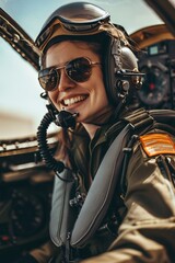 Fototapeta na wymiar Thrilled female pilot inside the military aircraft