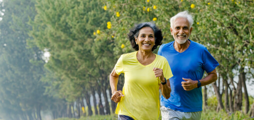 Active Senior Indian Couple Enjoying Morning Jog in Nature. Healthy Aging Concept
