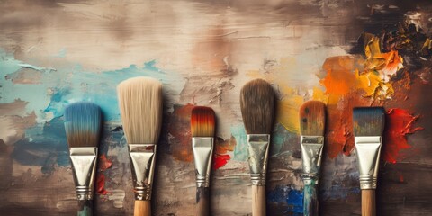 Grunge texture background with aged, damaged paintbrushes, copy space