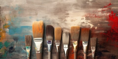 Grunge texture background with aged, damaged paintbrushes, copy space