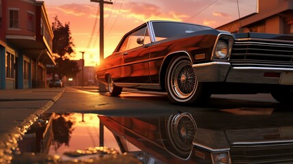 classic car parked on a street at sunset with reflections on wet pavement