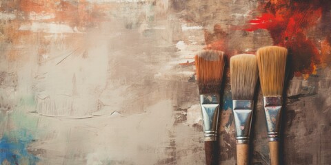 Grunge texture background with aged, damaged paintbrushes, copy space
