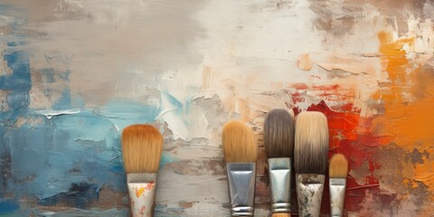 Grunge texture background with aged, damaged paintbrushes, copy space