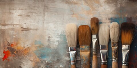 Grunge texture background with aged, damaged paintbrushes, copy space