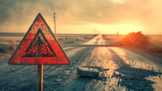 Rusty danger sign on a destroyed and damaged road Generative AI Illustration