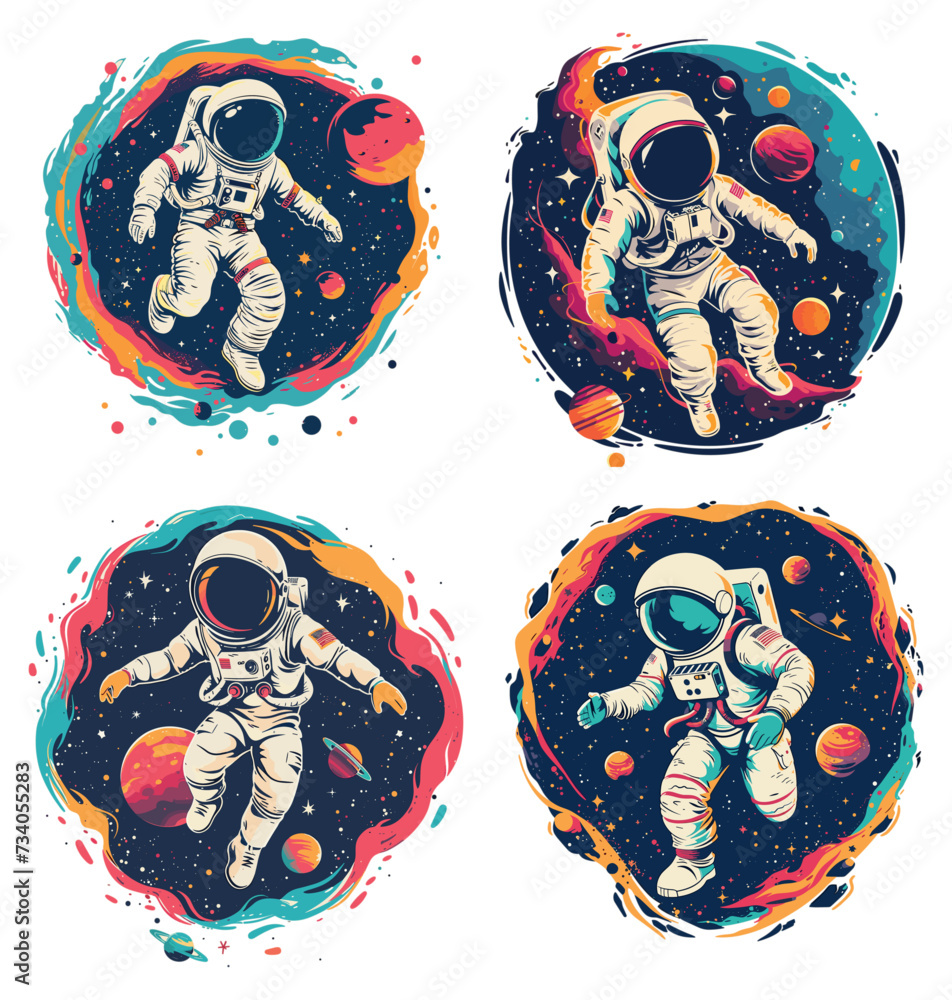Poster cosmonaut in open space, trendy stylish art. design of astronaut in outer cosmos with elements of pl