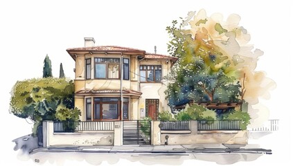 watercolor house illustration with street isolated on white background Generative AI