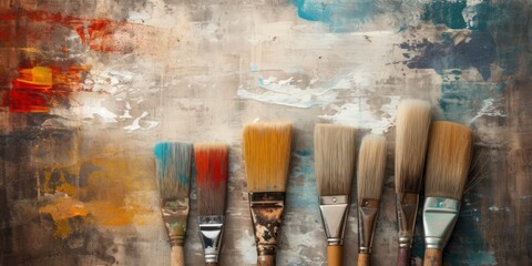 Grunge texture background with aged, damaged paintbrushes, copy space