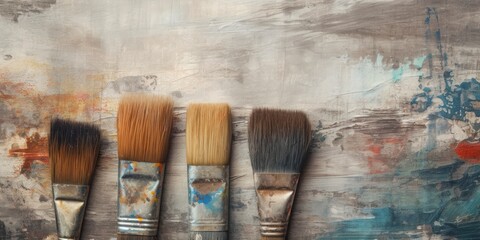 Grunge texture background with aged, damaged paintbrushes, copy space