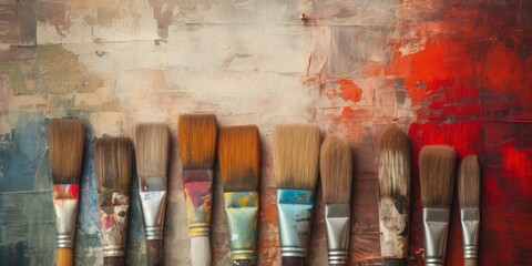Grunge texture background with aged, damaged paintbrushes, copy space