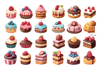 Desserts in cartoon style, bright large set. Trendy colors, eclairs, macaroons, tiramisus, cupcakes, tarts, panna cotta, candy cakes, mousses, millie, brownies, cheesecake, strudel, biscuit rolls