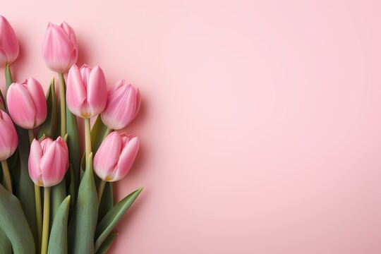 High-quality image capturing tulips in rich hues arranged on a pastel pink surface, leaving room for creative text placement.