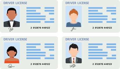 vector man and woman plastic ID cards, car driver licenses