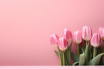 High-quality image capturing tulips in rich hues arranged on a pastel pink surface, leaving room for creative text placement.