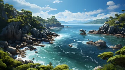 A panoramic view of a secluded cobalt blue ocean cove, surrounded by lush green cliffs