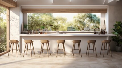 Obraz premium Home kitchen interior with bar counter and seats, cabinet and panoramic window, copy space
