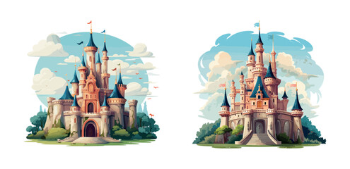 Fairy tale castle cartoon set. Architecture with clouds, trees, and magic against dreamy sky, whimsical kingdom illustrations isolated on white background