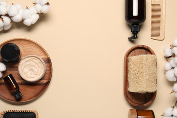 Bath accessories. Flat lay composition with personal care products on beige background, space for...