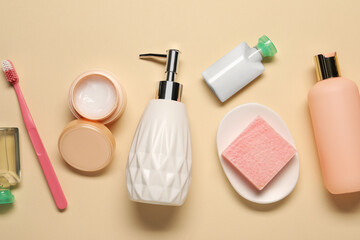 Bath accessories. Flat lay composition with personal care products on beige background