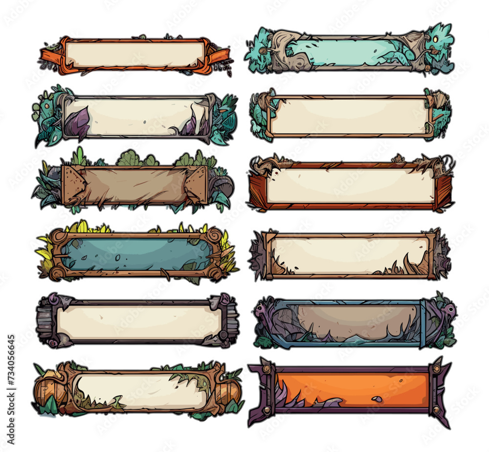 Poster fancy frames in cartoon style with empty space for text. elements of stones, flora, mythical and mag