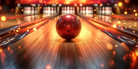 3D Rendering Of A Bowling Ball Striking Pins To Score A Strike. Concept Bowling Strike, 3D Rendering, Strike Pose, Bowling Pins, Bowling Ball - obrazy, fototapety, plakaty