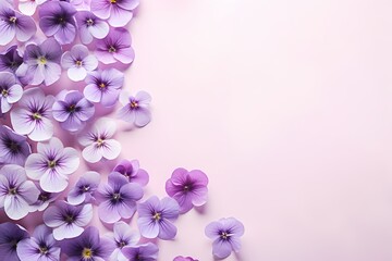 High-quality image showcasing top view of delicate violets on a pastel background, designed for text overlay.