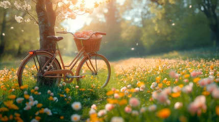 Photo sur Plexiglas Vélo Vintage bicycle with a basket of eggs standing by a blooming tree in a spring meadow. Peaceful countryside morning with a classic bicycle and a basket full of eggs.